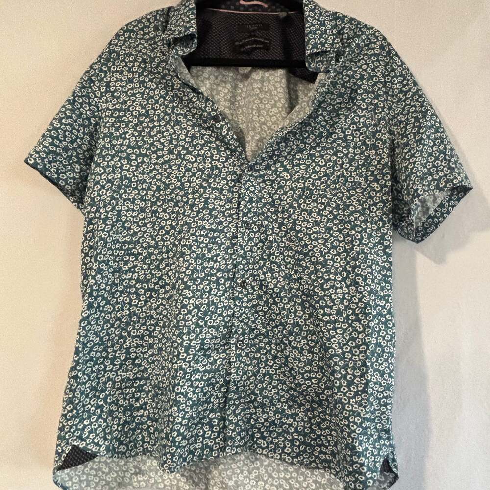 Mens Ted Baker London Turquoise Floral Button Down Short Sleeve Shirt